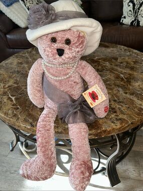 Chantilly Lane musical bear Plush Pink Fashion Bear with Pearl Necklace and Hat